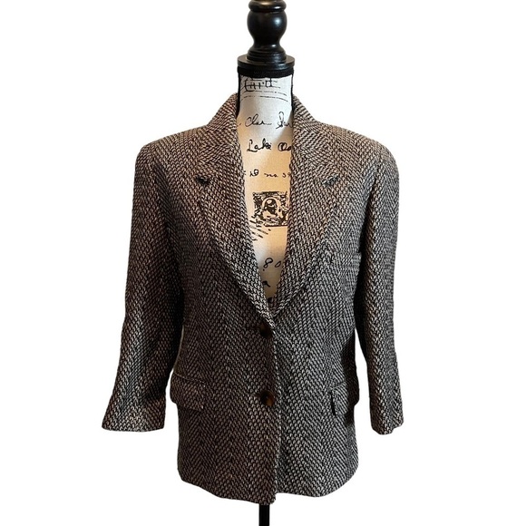 Linda Allard Ellen Tracy Tweed blazer Jacket Brown Petite Size 2 wool cashmere - Picture 1 of 10